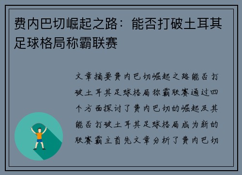 费内巴切崛起之路：能否打破土耳其足球格局称霸联赛