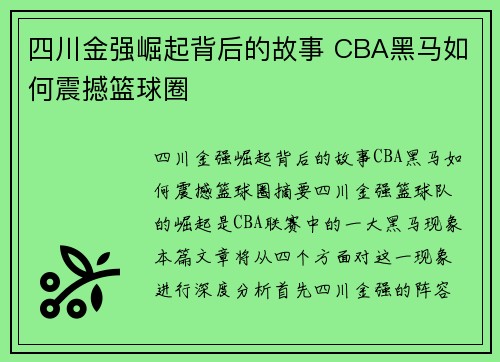 四川金强崛起背后的故事 CBA黑马如何震撼篮球圈