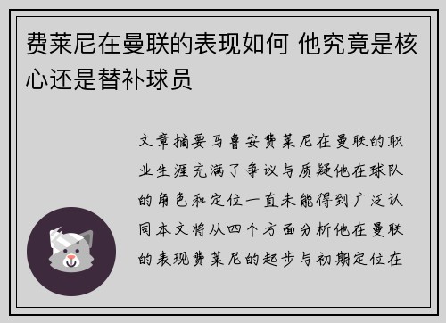 费莱尼在曼联的表现如何 他究竟是核心还是替补球员