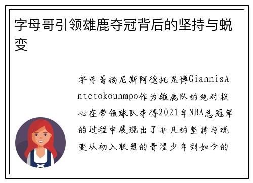 字母哥引领雄鹿夺冠背后的坚持与蜕变